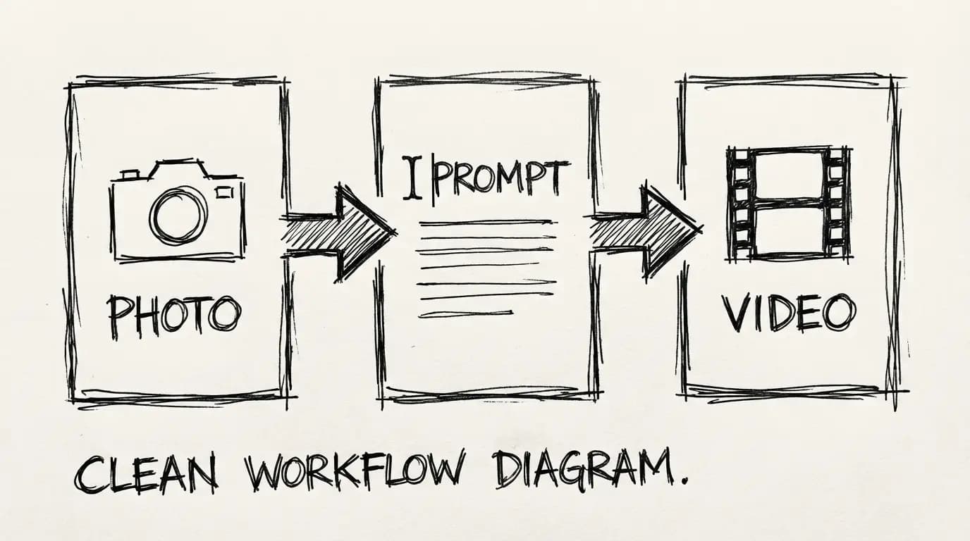 Image-to-video workflow: photo input, prompt, and generated output
